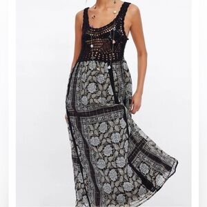 ZARA‎ brown crochet metallic strap midi floral print boho dress Sz M